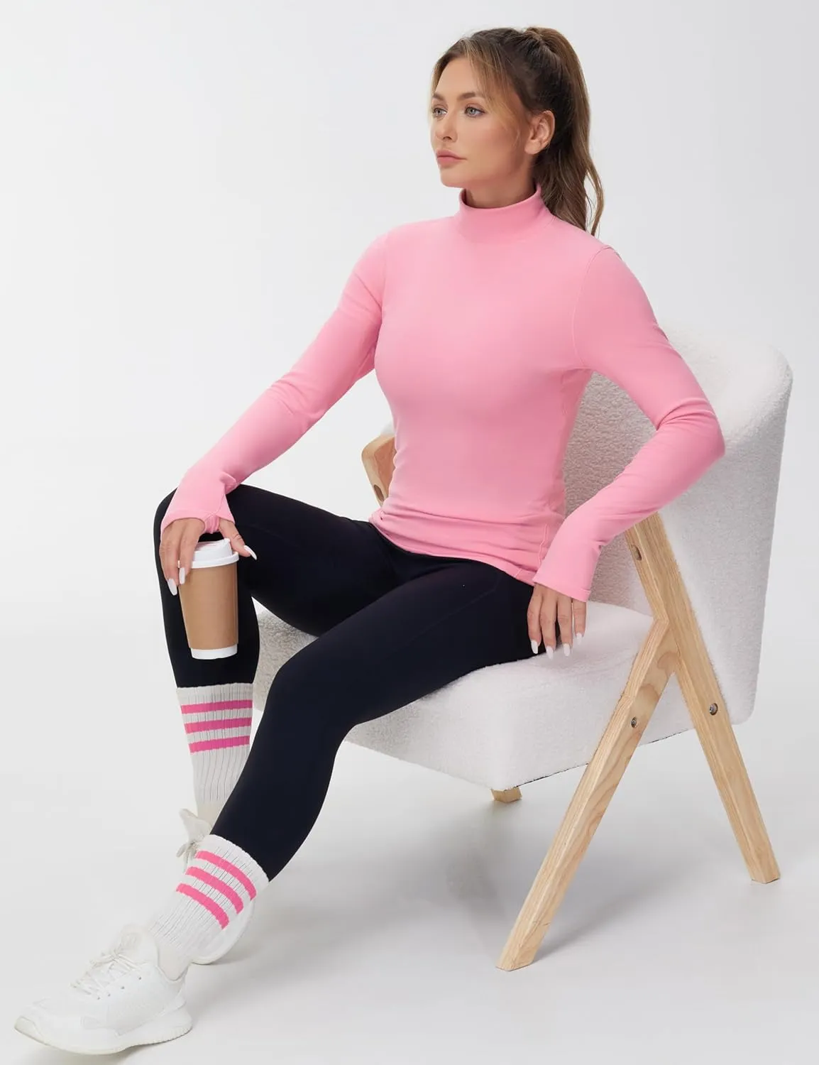 THE GYM PEOPLE Women's Mock Turtleneck Long Sleeve Shirts Fleece Thermal Underwear Pullover Tops with Thumb Hole