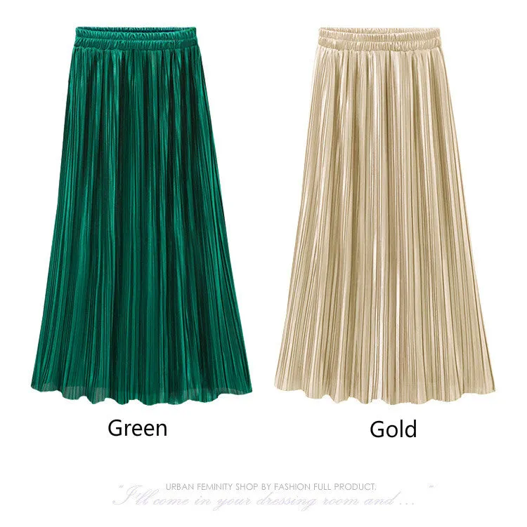VenusFox Vintage Metallic High Waist Pleated Long Skirt