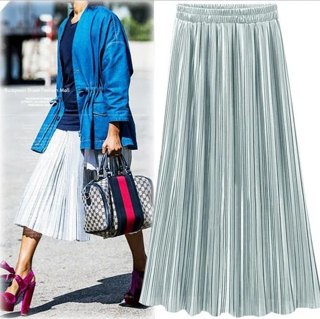 VenusFox Vintage Metallic High Waist Pleated Long Skirt