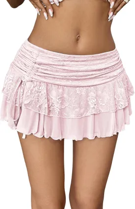 Verdusa Women's Y2k Elastic Waist Lace Mesh Layered Ruffled Mini Skirt Skort