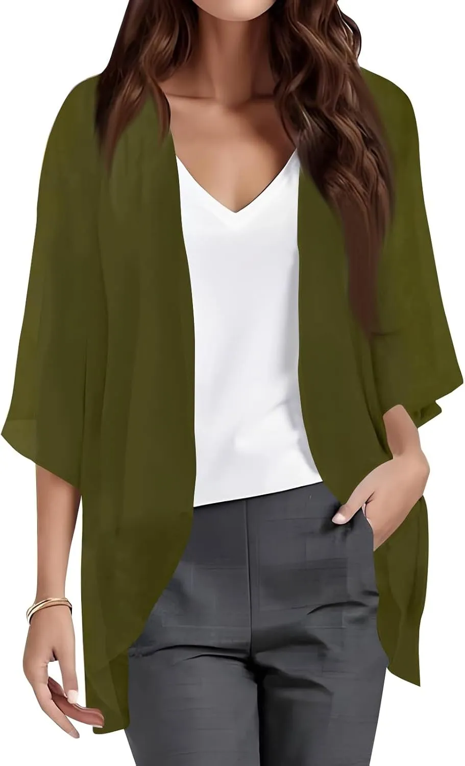 Women Kimono Cardigans 3/4 Length Sleeve Loose Fit Beach Cover Ups Summer Casual Boho Open Front Chiffon Swimwear