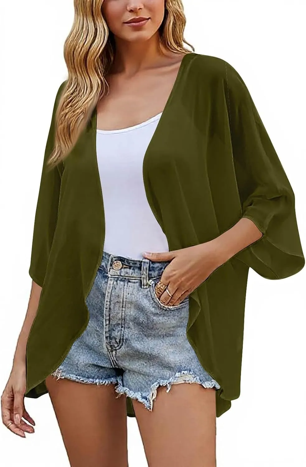 Women Kimono Cardigans 3/4 Length Sleeve Loose Fit Beach Cover Ups Summer Casual Boho Open Front Chiffon Swimwear