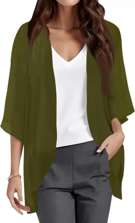 Women Kimono Cardigans 3/4 Length Sleeve Loose Fit Beach Cover Ups Summer Casual Boho Open Front Chiffon Swimwear