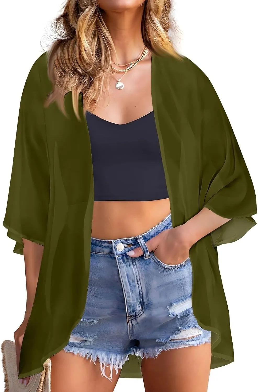 Women Kimono Cardigans 3/4 Length Sleeve Loose Fit Beach Cover Ups Summer Casual Boho Open Front Chiffon Swimwear