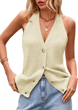 Women Sweater Vest Button Down V Neck Knit Tank Top Sleeveless Cardigans