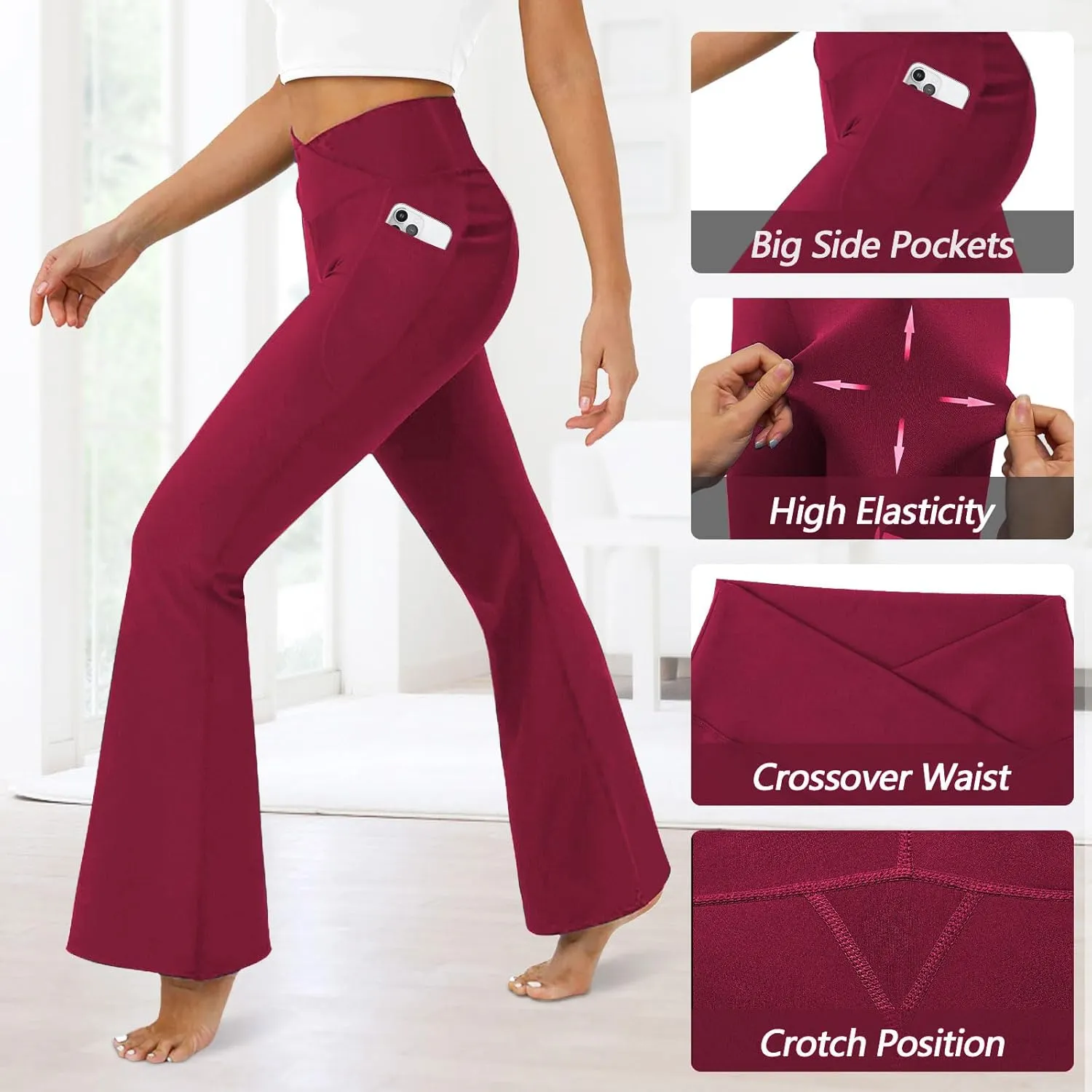 Women's Flare Leggings with Pockets-Crossover High Waisted Bootcut Yoga Pants-Tummy Control Bell Bottom Leggings