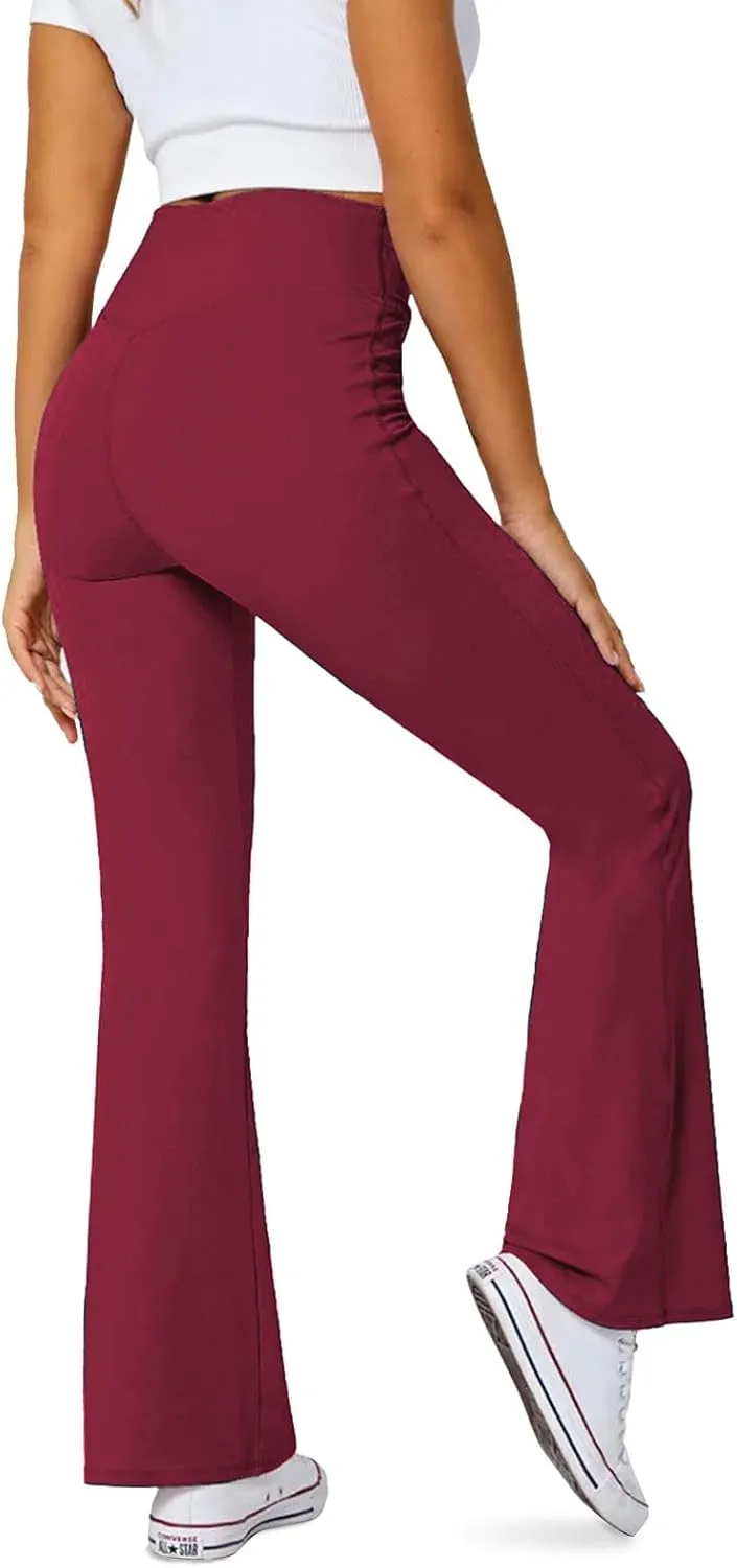 Women's Flare Leggings with Pockets-Crossover High Waisted Bootcut Yoga Pants-Tummy Control Bell Bottom Leggings