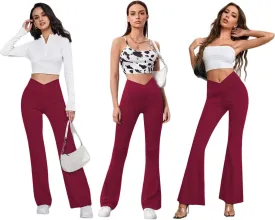 Women's Flare Leggings with Pockets-Crossover High Waisted Bootcut Yoga Pants-Tummy Control Bell Bottom Leggings
