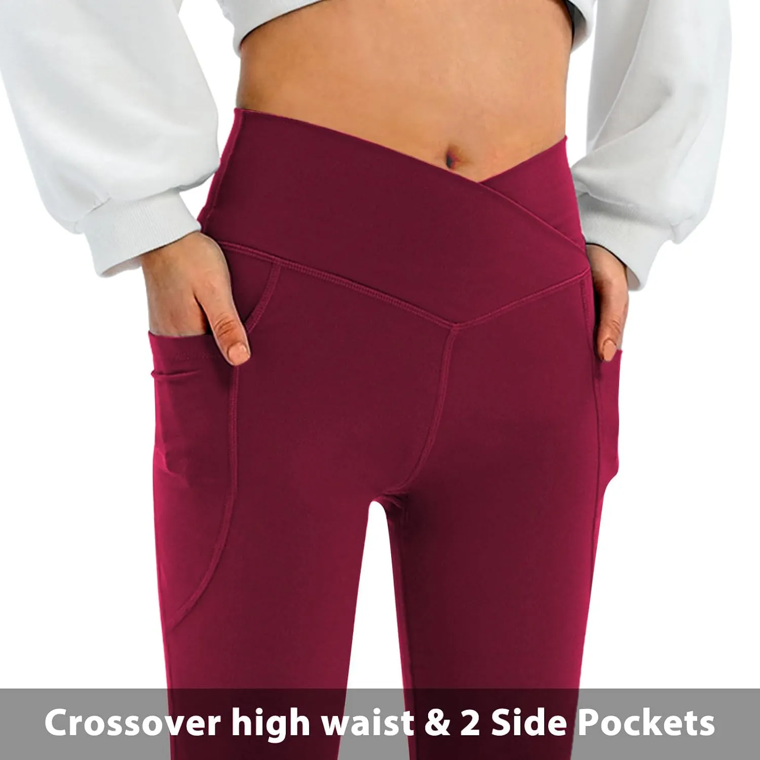 Women's Flare Leggings with Pockets-Crossover High Waisted Bootcut Yoga Pants-Tummy Control Bell Bottom Leggings