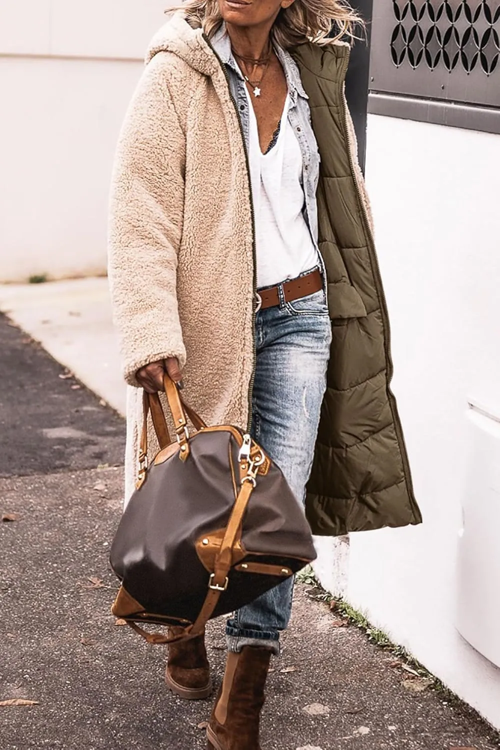 Womens Sherpa Fleece Lined Long Jackets Shearling Reversible Overcoats Winter Puffer Coats Hood Zip Outerwears