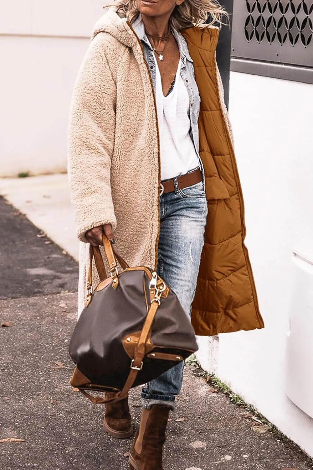 Womens Sherpa Fleece Lined Long Jackets Shearling Reversible Overcoats Winter Puffer Coats Hood Zip Outerwears