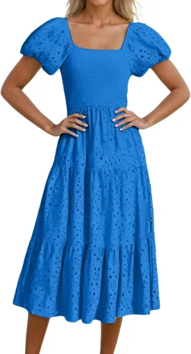 Women's Summer Casual Dress Square Neck Puff Sleeve Boho Flowy Short Dress with Eyelet Details for Vacation