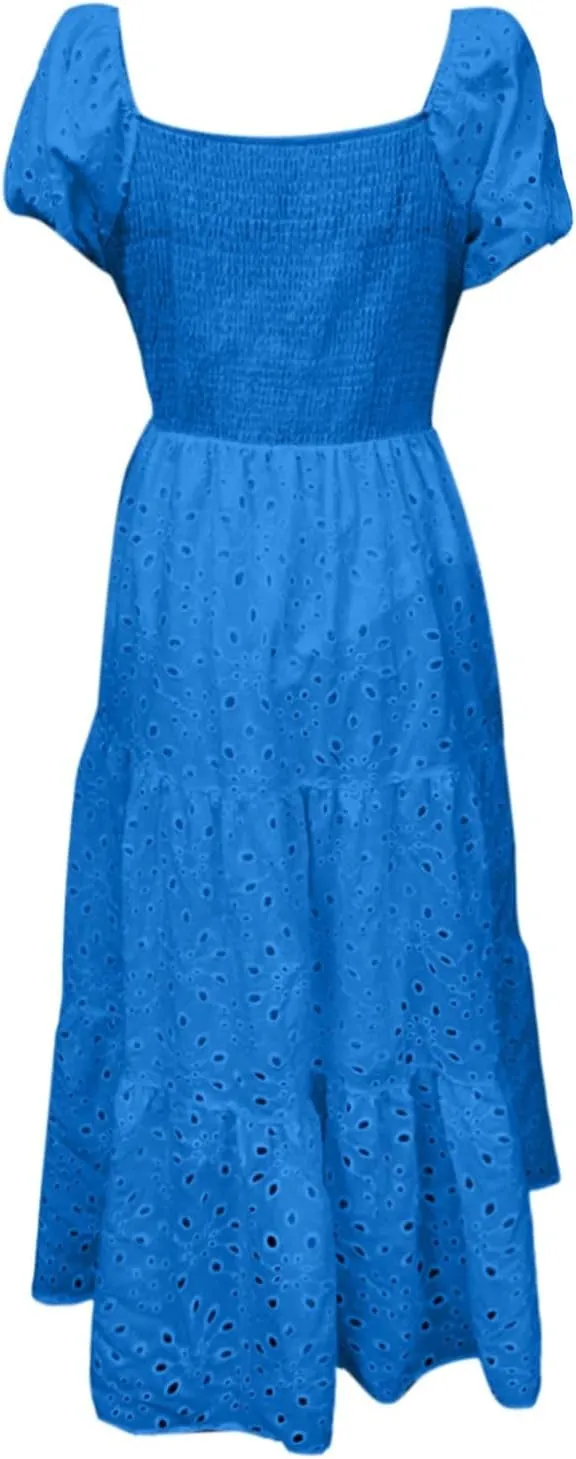 Women's Summer Casual Dress Square Neck Puff Sleeve Boho Flowy Short Dress with Eyelet Details for Vacation