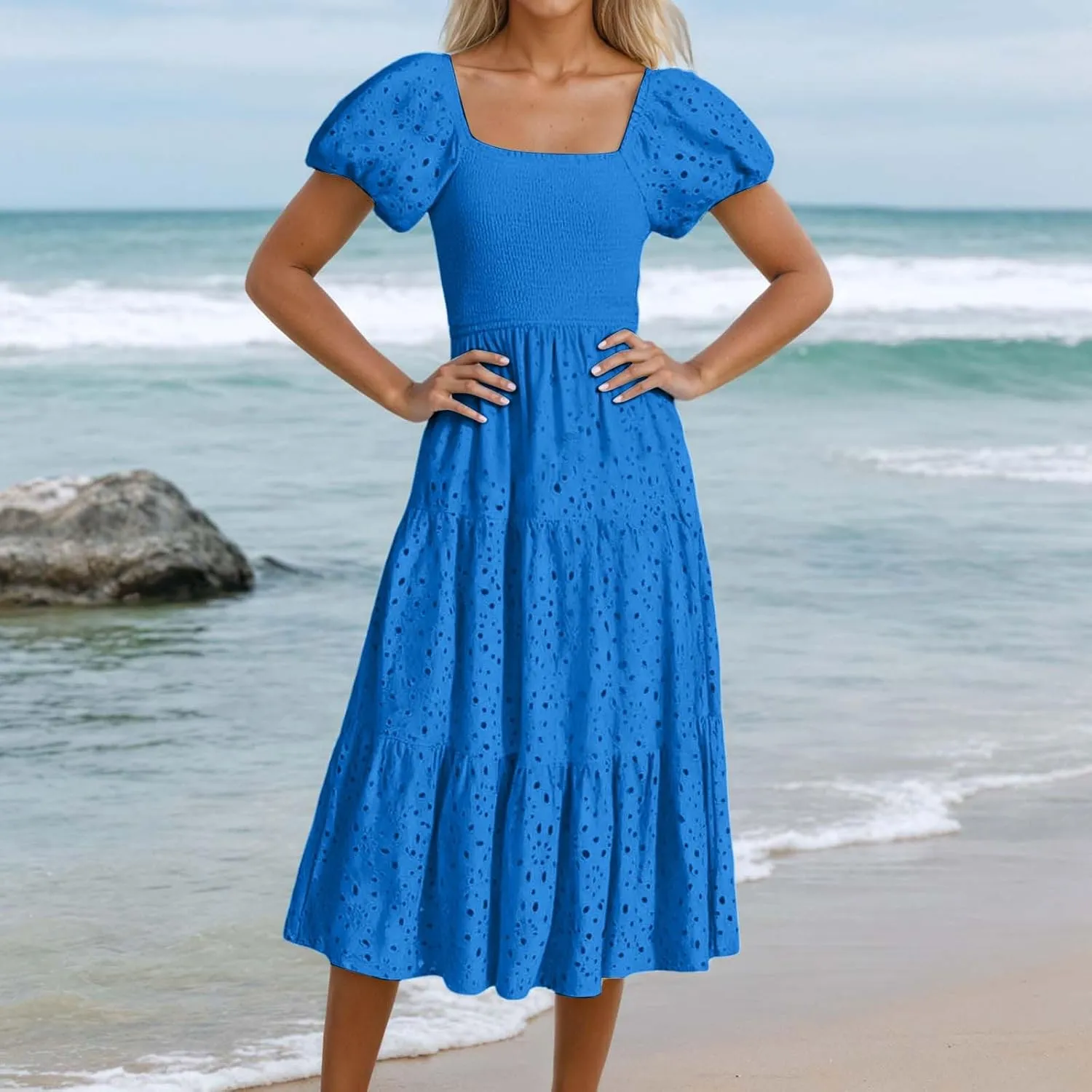 Women's Summer Casual Dress Square Neck Puff Sleeve Boho Flowy Short Dress with Eyelet Details for Vacation