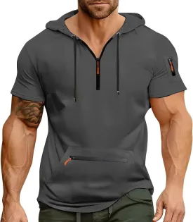 Workout Hoodies for Men Zip Up Short Sleeve Slim Fit Pocket Casual Tshirts Pullover Summer Gym Training Muscle Tees