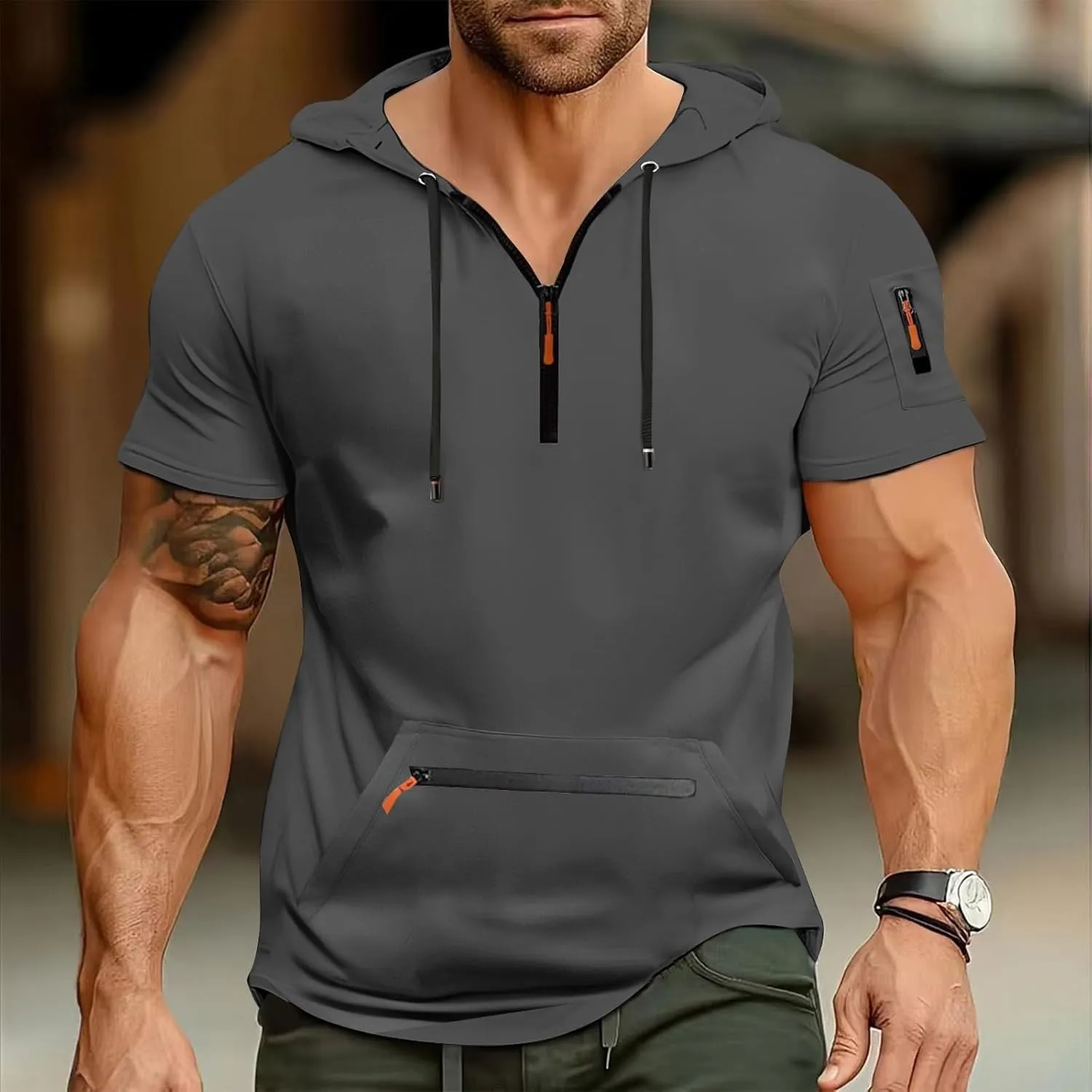 Workout Hoodies for Men Zip Up Short Sleeve Slim Fit Pocket Casual Tshirts Pullover Summer Gym Training Muscle Tees