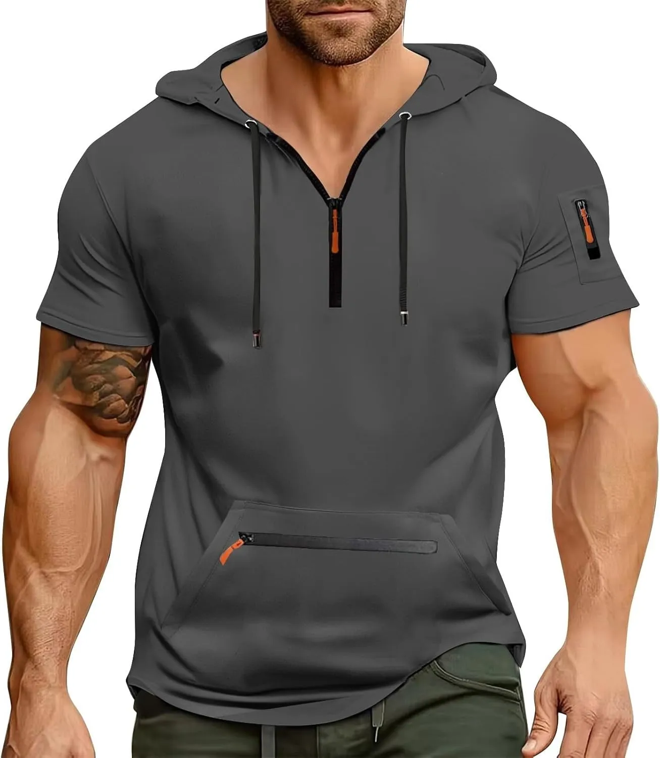 Workout Hoodies for Men Zip Up Short Sleeve Slim Fit Pocket Casual Tshirts Pullover Summer Gym Training Muscle Tees