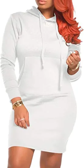 XUETON Womens Solid Color Casual Long Sleeve Pockets Hoodie Dress Tunic Sweatshirt