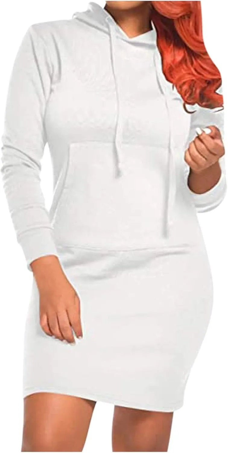 XUETON Womens Solid Color Casual Long Sleeve Pockets Hoodie Dress Tunic Sweatshirt