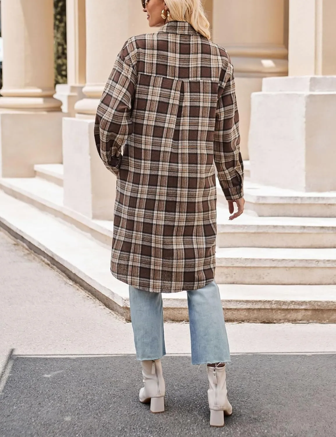 Zontroldy Women's Mid Long Casual Button Down Long Flannel Shirts Plaid Shacket Jacket with Pockets