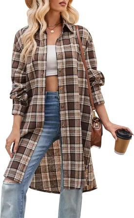 Zontroldy Women's Mid Long Casual Button Down Long Flannel Shirts Plaid Shacket Jacket with Pockets
