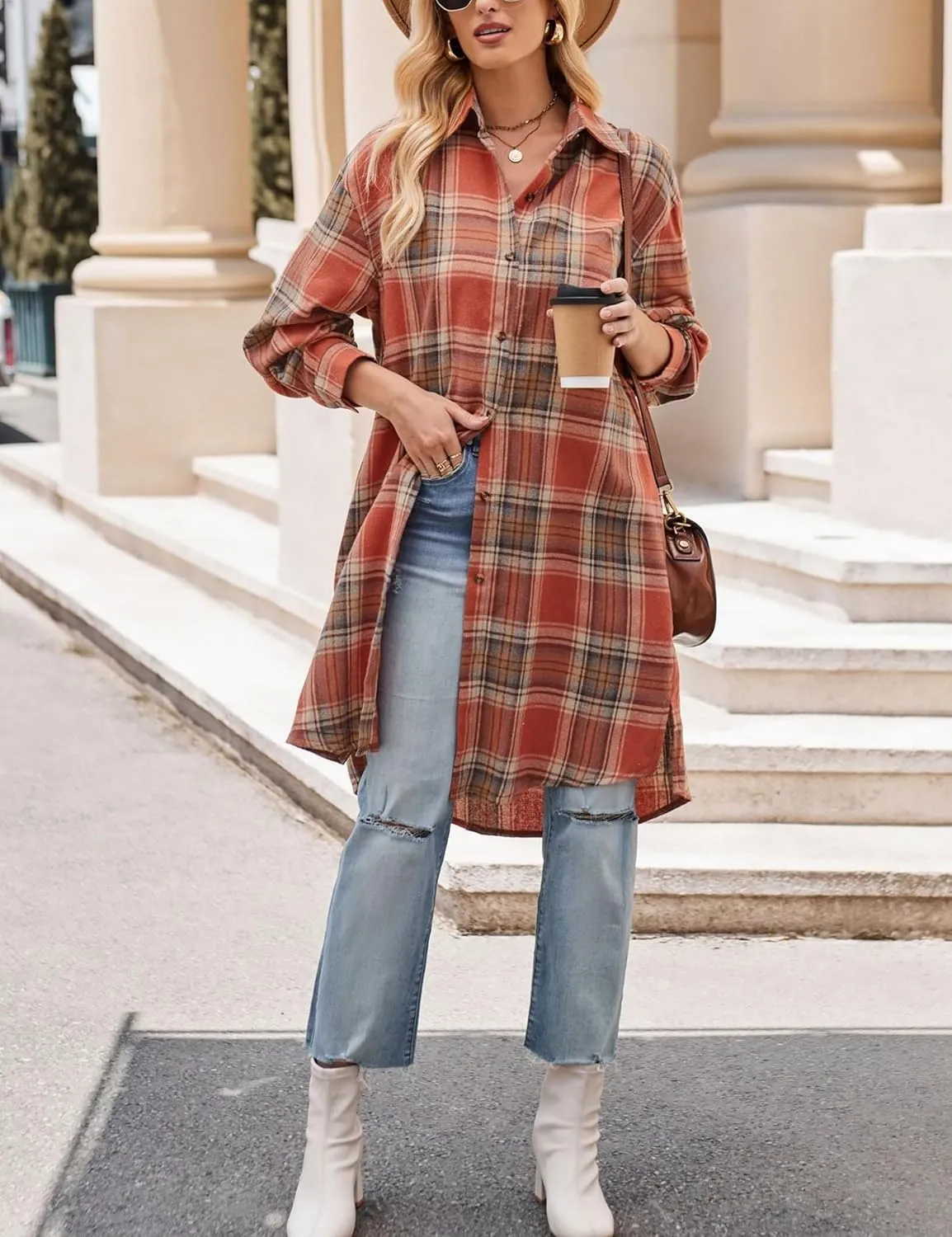 Zontroldy Women's Mid Long Casual Button Down Long Flannel Shirts Plaid Shacket Jacket with Pockets