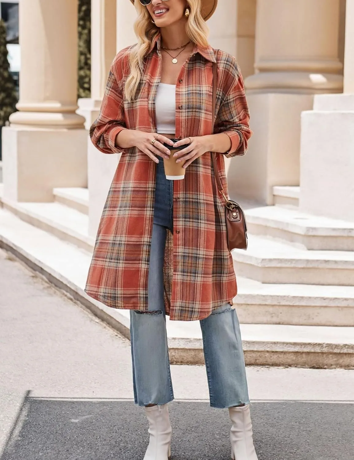 Zontroldy Women's Mid Long Casual Button Down Long Flannel Shirts Plaid Shacket Jacket with Pockets
