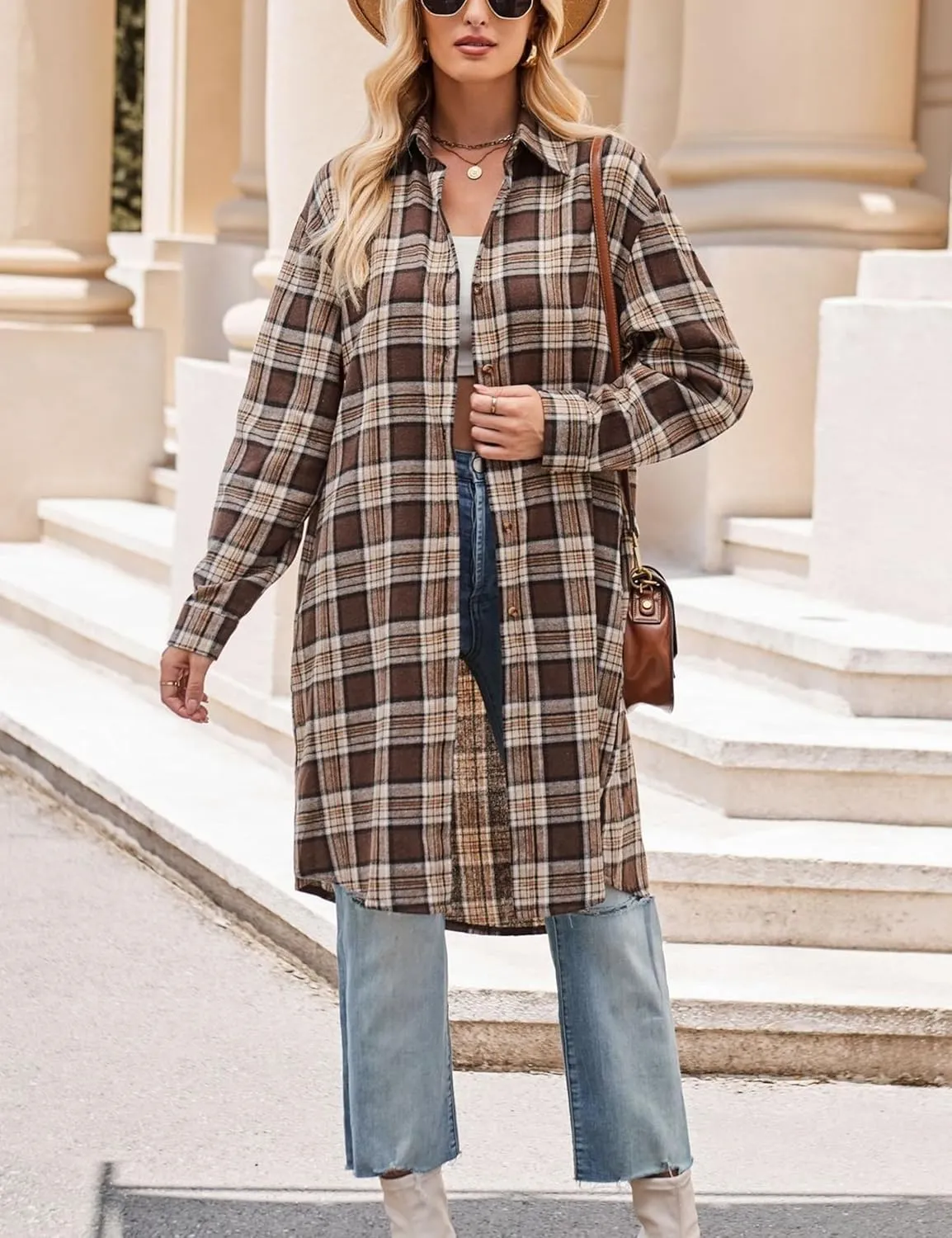 Zontroldy Women's Mid Long Casual Button Down Long Flannel Shirts Plaid Shacket Jacket with Pockets