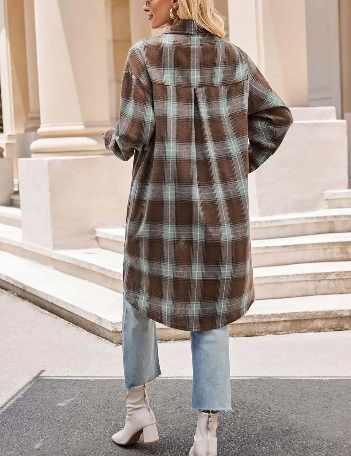 Zontroldy Women's Mid Long Casual Button Down Long Flannel Shirts Plaid Shacket Jacket with Pockets