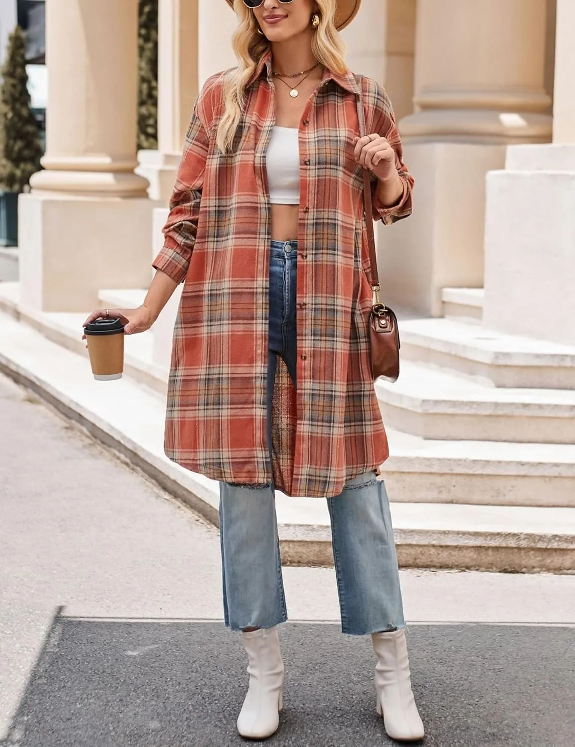 Zontroldy Women's Mid Long Casual Button Down Long Flannel Shirts Plaid Shacket Jacket with Pockets