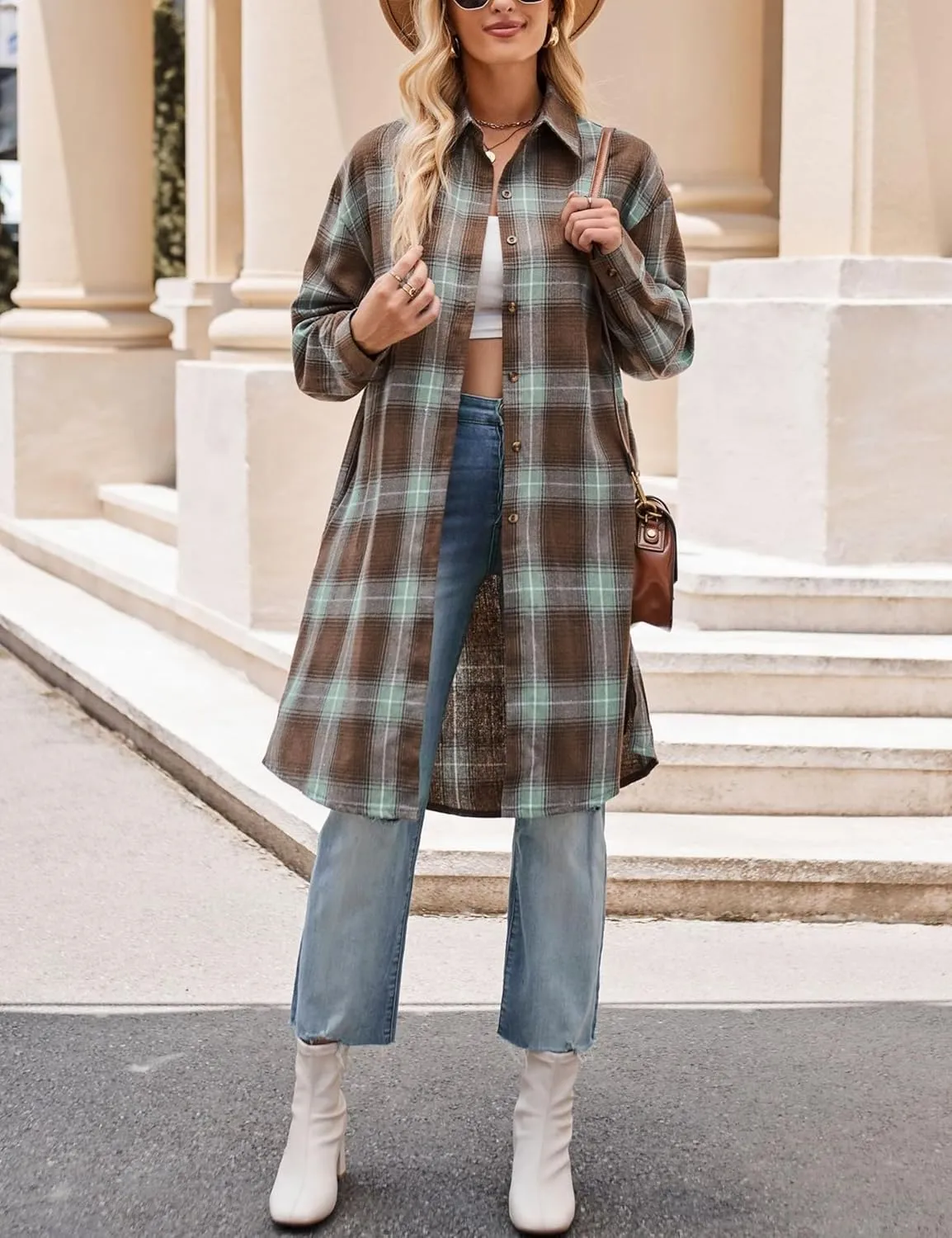 Zontroldy Women's Mid Long Casual Button Down Long Flannel Shirts Plaid Shacket Jacket with Pockets