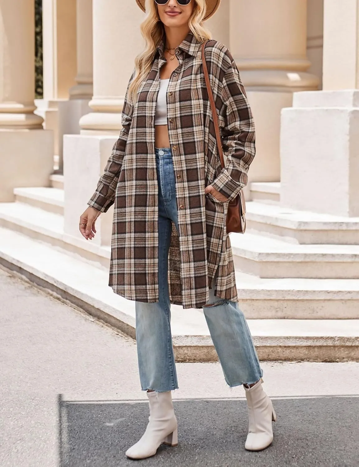 Zontroldy Women's Mid Long Casual Button Down Long Flannel Shirts Plaid Shacket Jacket with Pockets