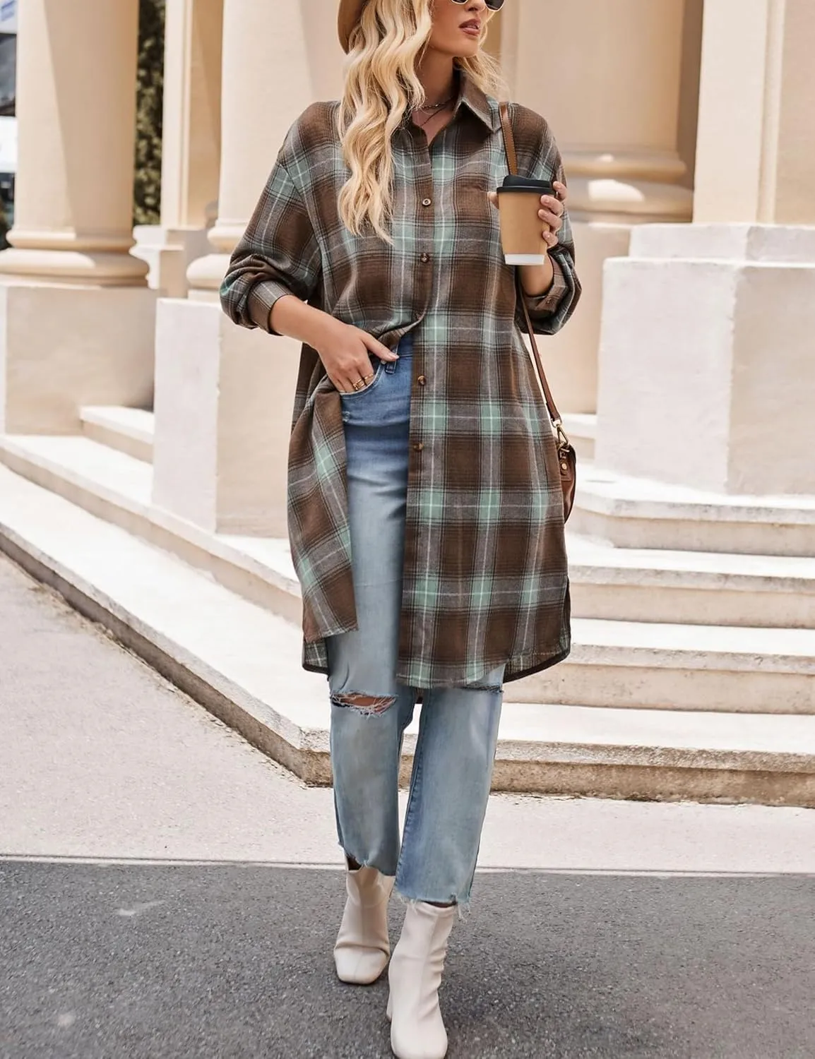 Zontroldy Women's Mid Long Casual Button Down Long Flannel Shirts Plaid Shacket Jacket with Pockets