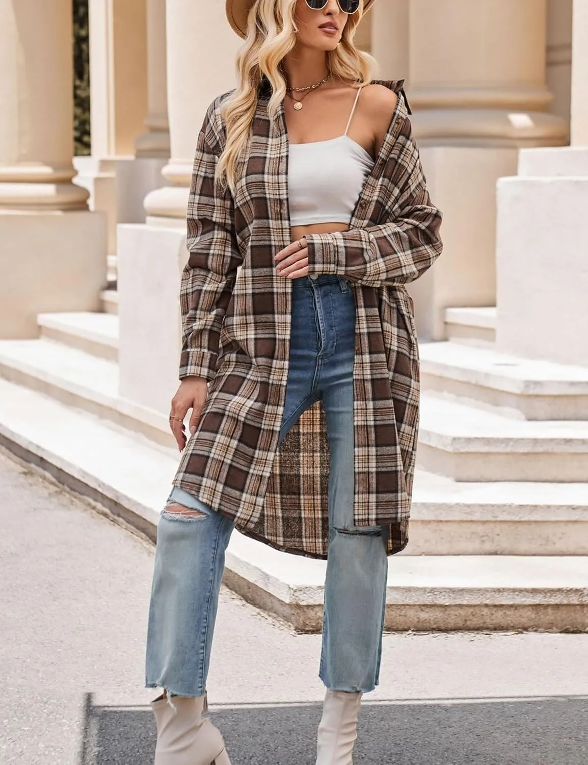 Zontroldy Women's Mid Long Casual Button Down Long Flannel Shirts Plaid Shacket Jacket with Pockets