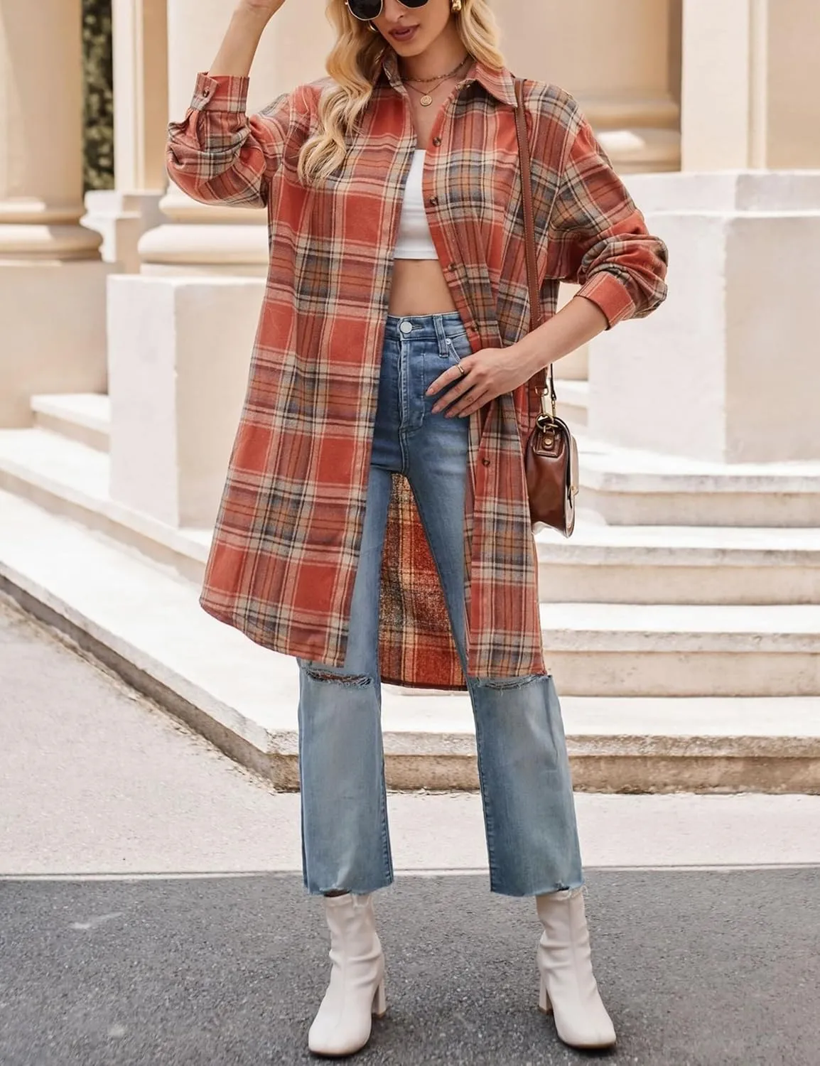 Zontroldy Women's Mid Long Casual Button Down Long Flannel Shirts Plaid Shacket Jacket with Pockets
