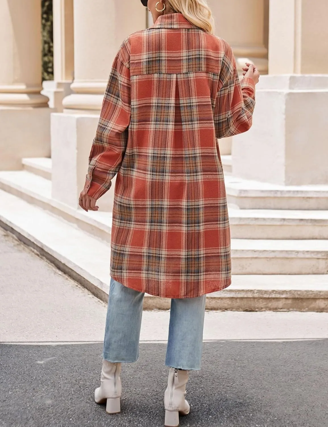 Zontroldy Women's Mid Long Casual Button Down Long Flannel Shirts Plaid Shacket Jacket with Pockets