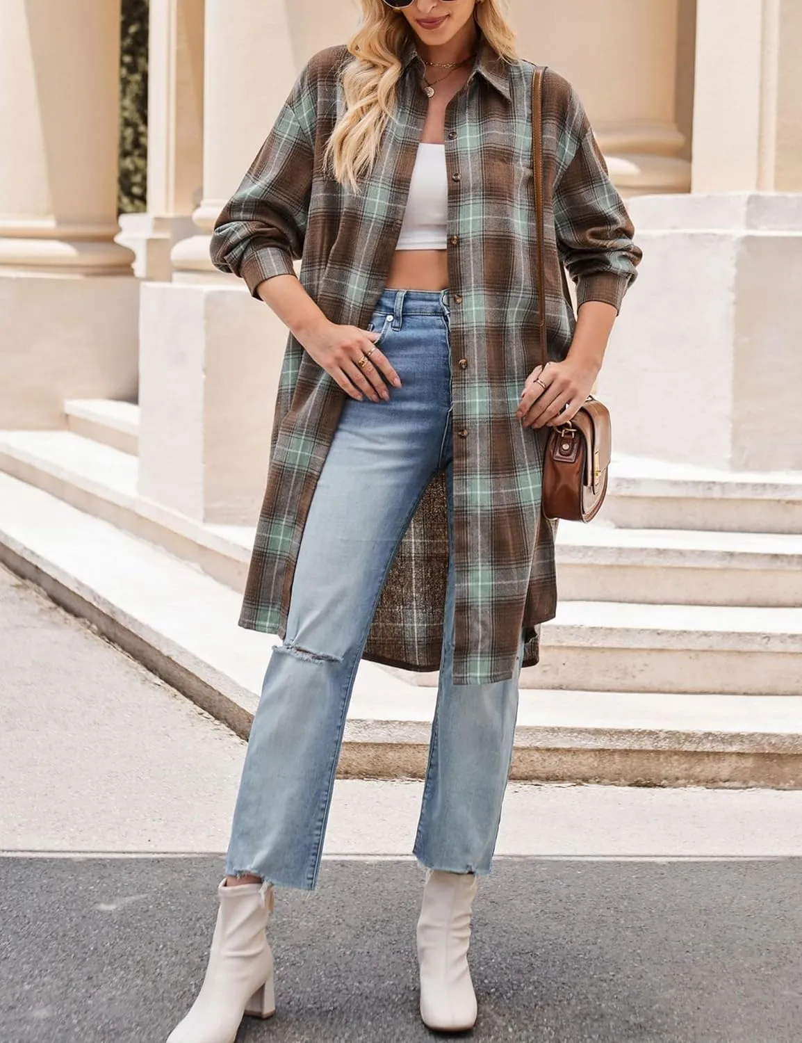 Zontroldy Women's Mid Long Casual Button Down Long Flannel Shirts Plaid Shacket Jacket with Pockets