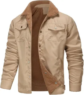 ZWRXW Men's Winter Jacket Fleece Lined Thick Thermal Coat Lapel Work Cargo Trucker Jackets Cotton Warm Outwear with Pockets